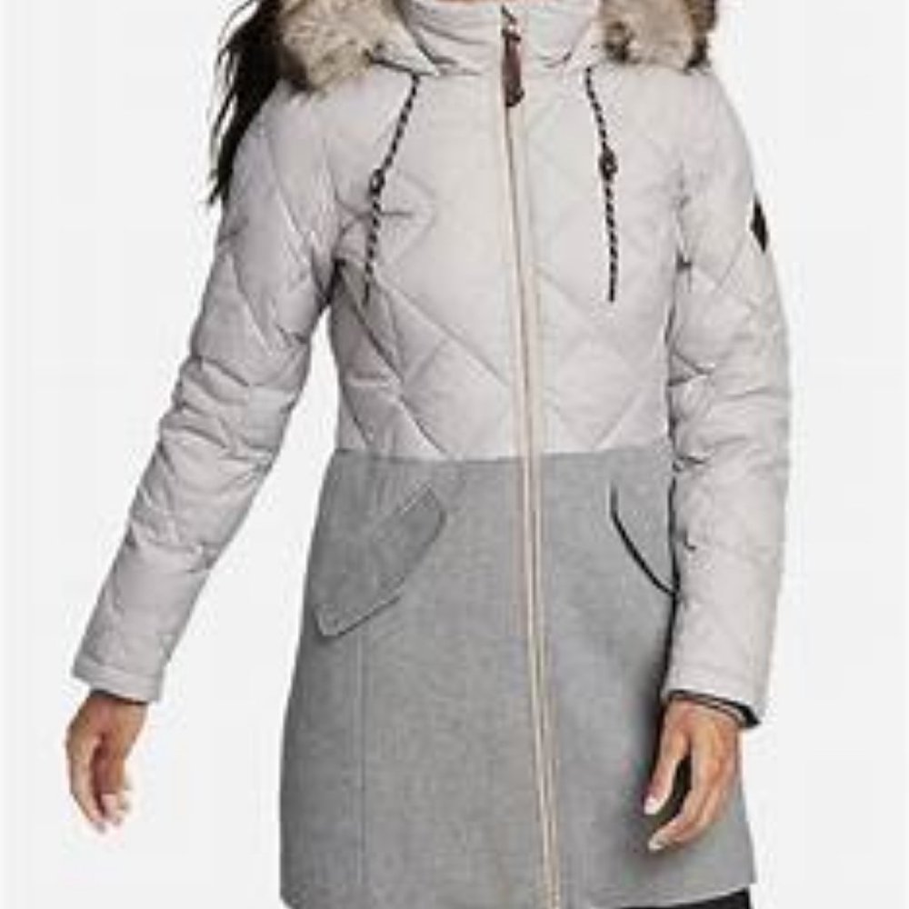 Eddie Bauer Lanely Hybrid Down Parka Gray mid thigh length Jacket Women's L FLAW